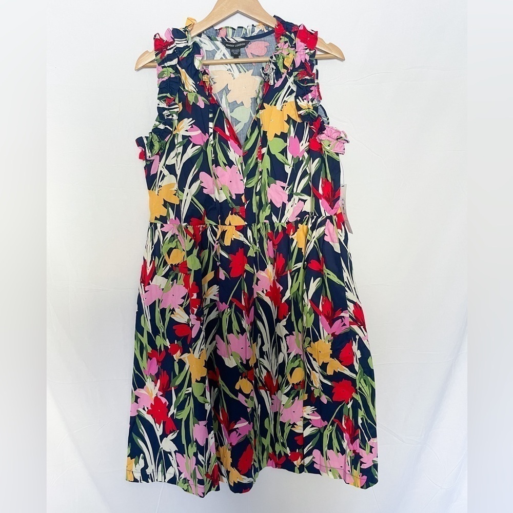 Maggy London Size 12 Pink and Navy Floral Trapeze dress with ruffle details NWT